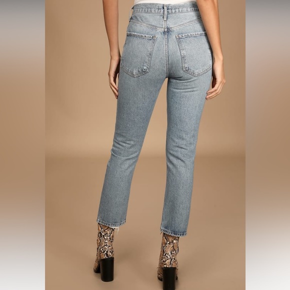 Agolde Riley Medium Wash Distressed High Rise Straight Jeans 24 - Picture 3 of 14
